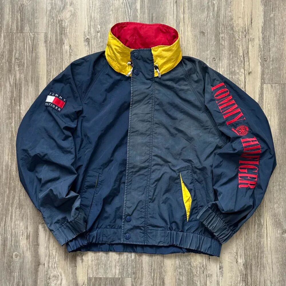 Vintage Tommy Hilfiger Spellout Flag Windbreaker Hooded Jacket Size XL
